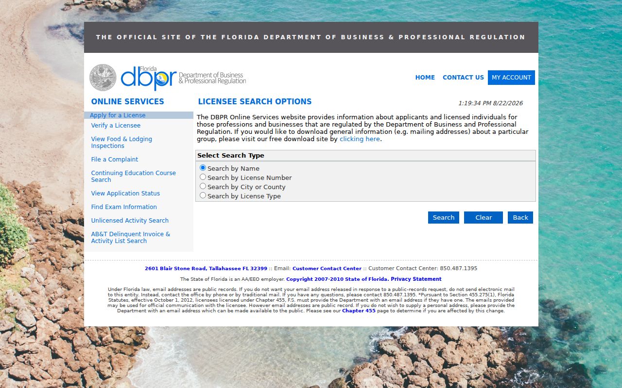 Florida DBPR license search for checking Coconut Creek business affiliations