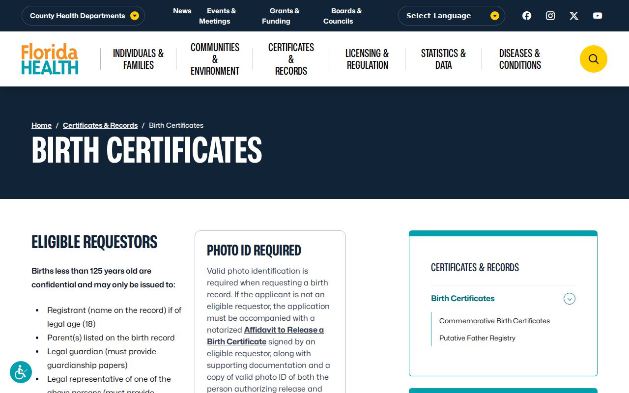 Florida birth certificate information for Coconut Creek resident verification